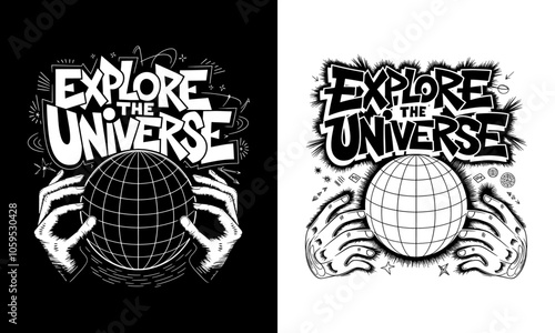 Explore the Universe T-Shirt Design – Bold Graphic Featuring Hands Holding a Globe with Eye-Catching Typography, Perfect for Space Enthusiasts and Adventurers, Ready to Print for Unique and Inspiring