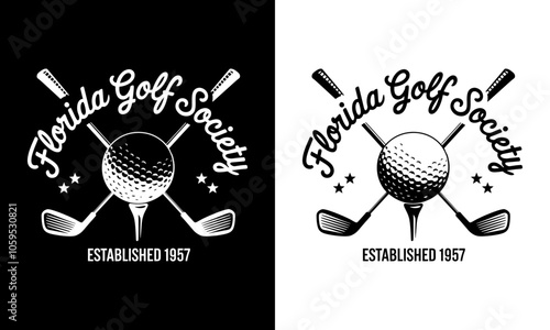 Florida Golf Society T-Shirt Design – Stylish Graphic Featuring a Golf Ball and Clubs with the Year Established 1957, Perfect for Golf Enthusiasts and Clubs, Ready to Print for Classic Trendy Apparel