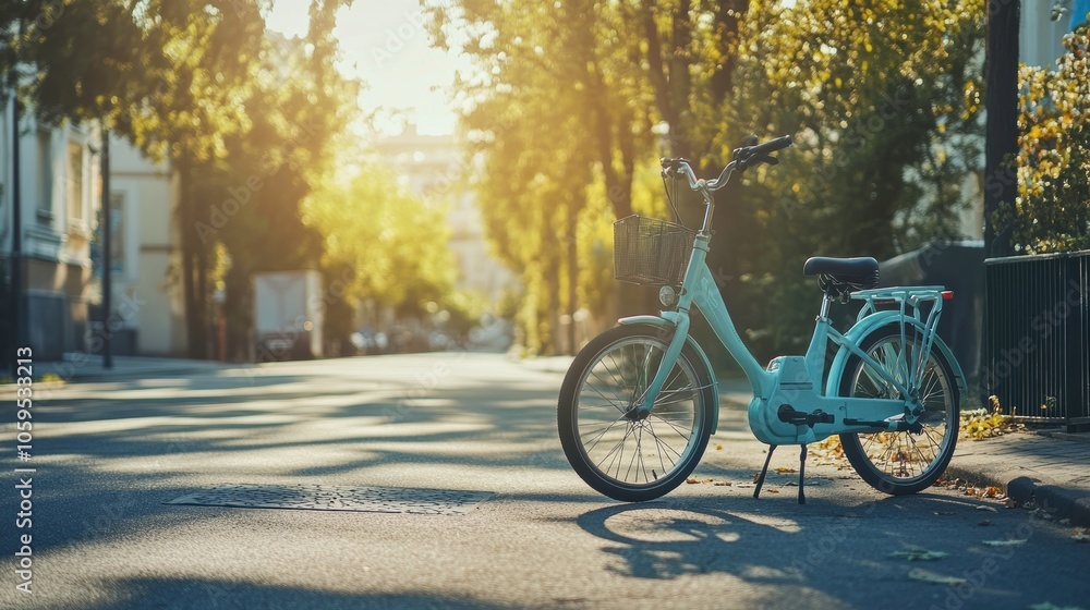 Fototapeta premium Bike and E-Scooter Rental Service in a Sunny Green City Street. Generative AI