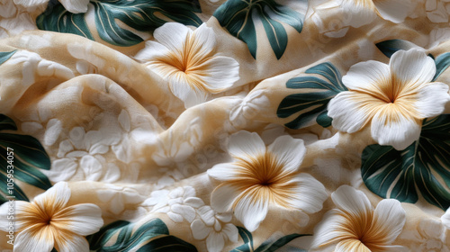 vibrant floral fabric featuring white and golden flowers on a soft, textured background with green leaves.
