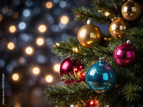 A Closeup of a Sparkling Christmas Tree with Colorful Ornaments photo