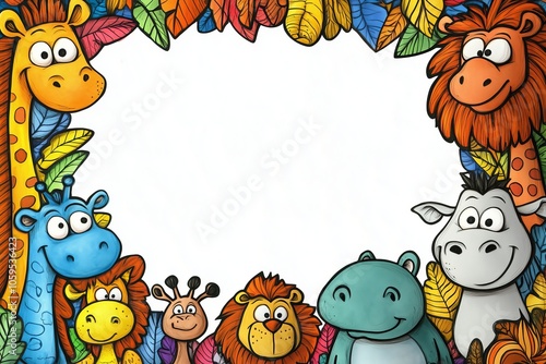 Colorful cartoon animals with a leafy border for children's themes. photo