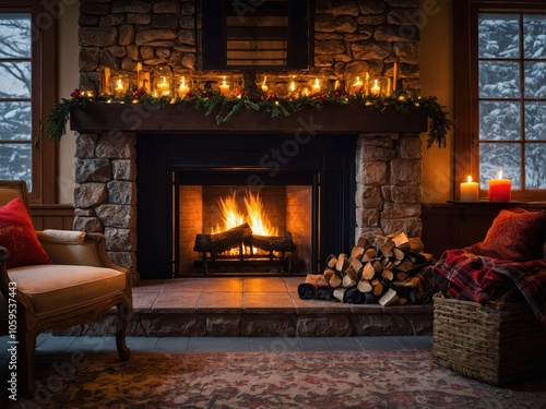 A Detailed View of a Cozy Fireplace Adorned with Holiday Decorations photo