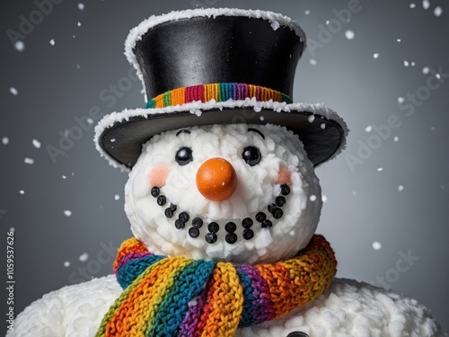 A Detailed View of a Snowman Wearing a Colorful Scarf photo