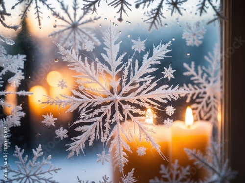 A Closeup of a Beautiful Frosted Windowpane, Featuring Intricate Snowflake Patterns, Creating a Cozy Winter Scene photo