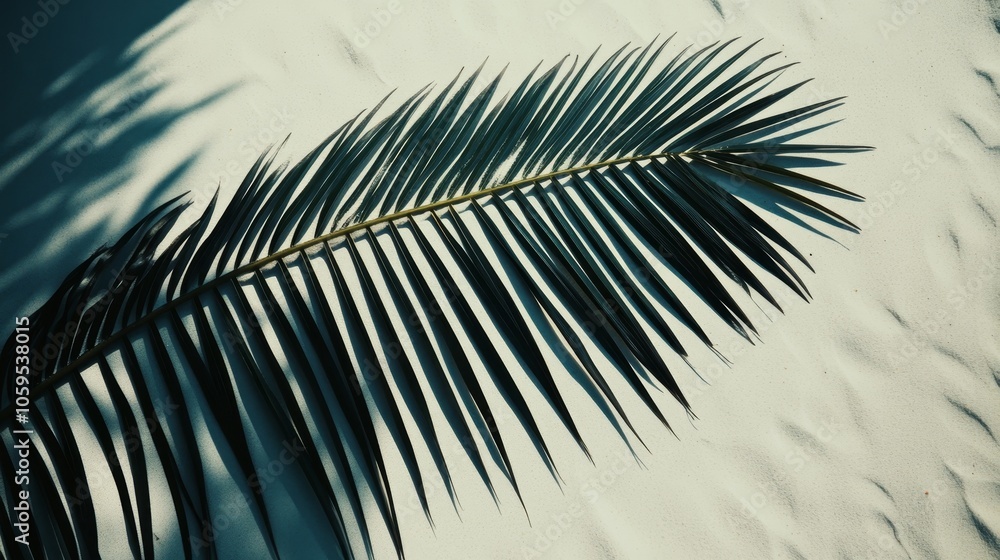 Fototapeta premium Tropical Minimalism Palm Leaf Shadow on Abstract White Sand Beach, Summer Background Concept