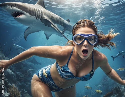 Dreadful youn woman swim with shark in ocean photo