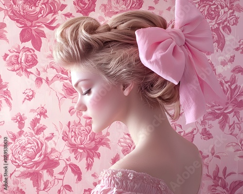 portrait of a woman with a pink bow in her hair against the background of vintage wallpaper photo