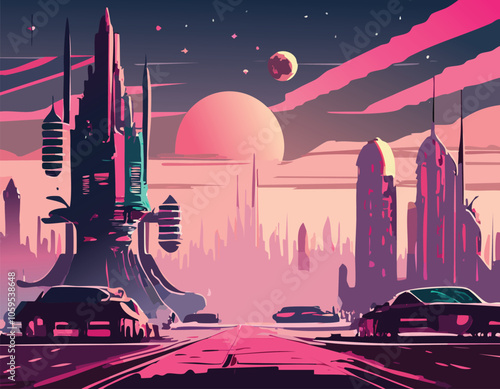 Illustration of a modern city with a cyberpunk theme