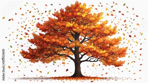 A vibrant autumn tree surrounded by falling leaves, symbolizing seasonal change and nature.