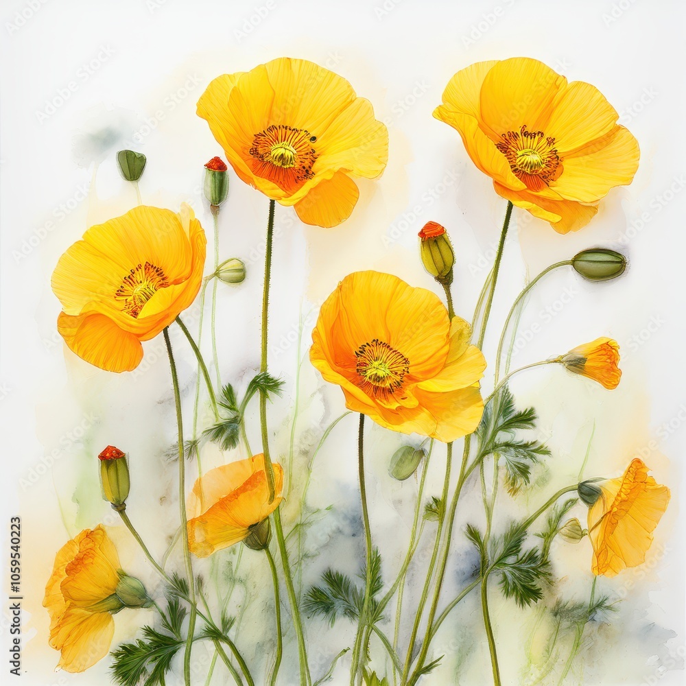 Obraz premium A vibrant arrangement of yellow poppy flowers against a soft background.