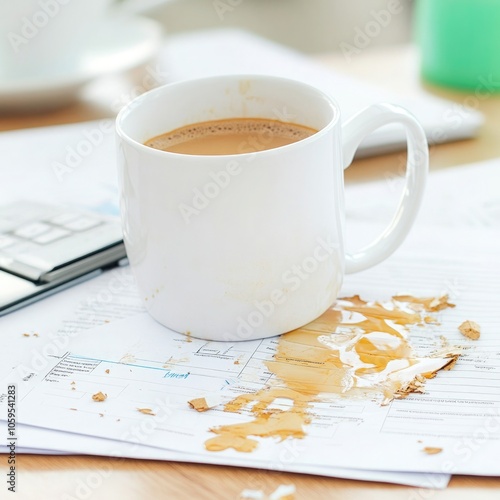 Coffee Mug Tipping Over Paperwork A Stressful Day photo