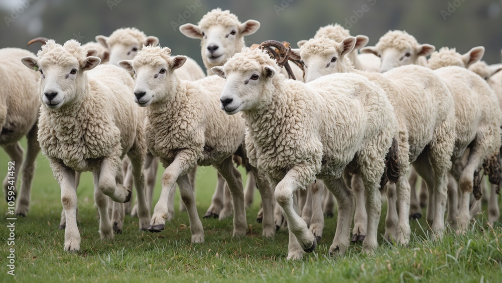 Fototapeta premium Sheep hopping in sync wool bouncing playfully