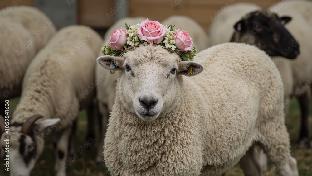 Obraz premium Regal sheep wearing flower crown in field
