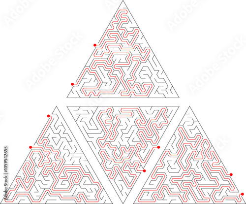 Set of 4 different hard difficulty labyrinths. Egyptian pyramids collection with solution - red passage. Maze of high complexity black and white vector illustration. Nice brainstorm puzzle