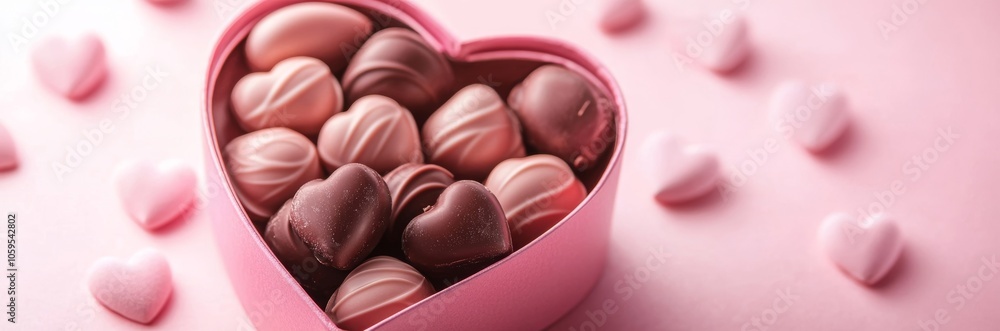 Fototapeta premium Pastel Pink Heart-Shaped Box of Chocolates on Pastel Pink Background, Valentine's Day Gift Generative AI