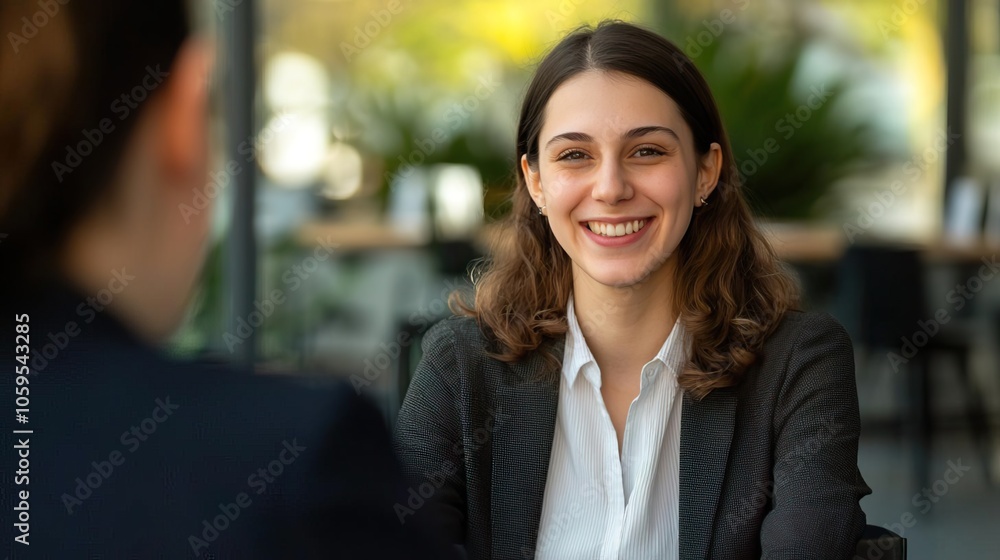 Obraz premium Cheerful young woman converses with a friend at an outdoor cafe terrace during a business meeting. selective focus on foreground, copy space for text, ultra HD,