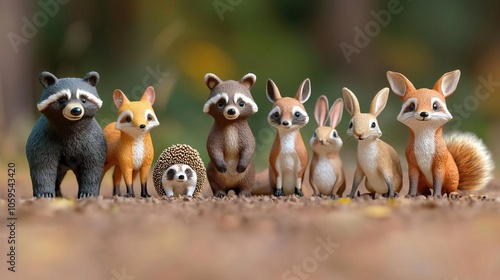 3D style safari animal set featuring bear, raccoon, fox, hare, squirrel, hedgehog, and deer. selective focus on foreground, copy space for text, ultra HD, photo