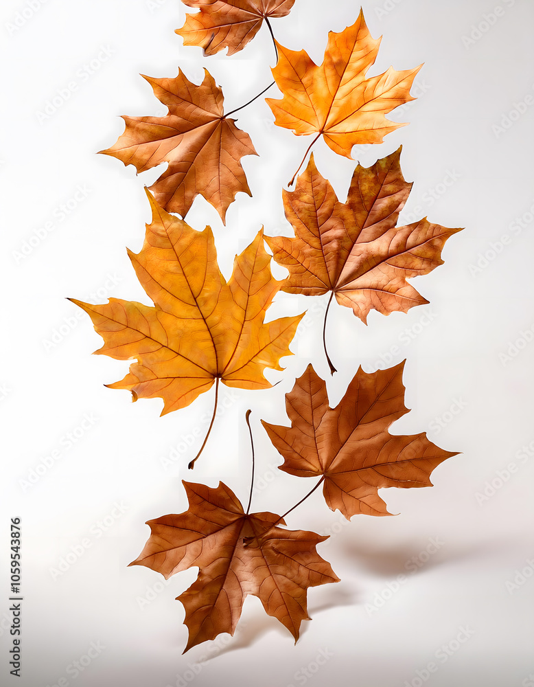 A bunch of brown fall colored maple leaves float in the air on a white background. A bunch of brown fall colored maple leaves float in the air on a white background.