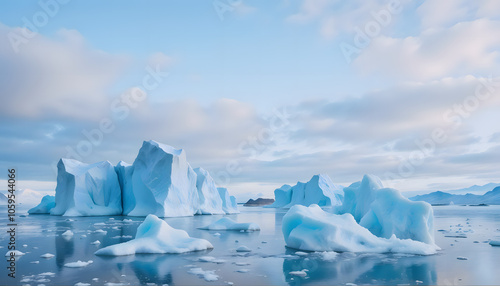 Glacial landscape with floating icebergs in icy waters under a pastel winter sky showcasing nature's raw beauty
 photo