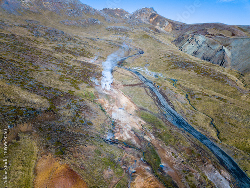 Aerial of the geothermal landscape of Hveragerdi, showcasing a steaming vent surrounded by vibrant moss and a gently flowing stream photo