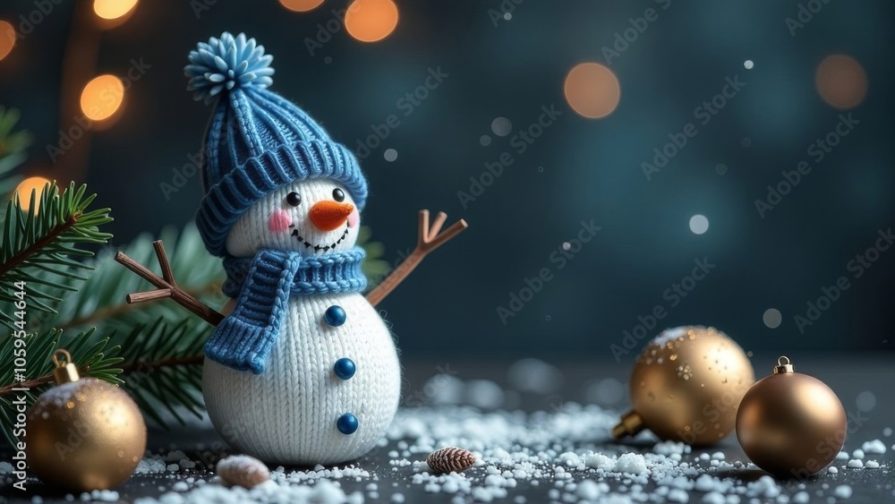 Obraz premium Christmas card made of fir trees, Christmas balls, knitted snowman on a dark background. Sparkling bokeh. Free space for text