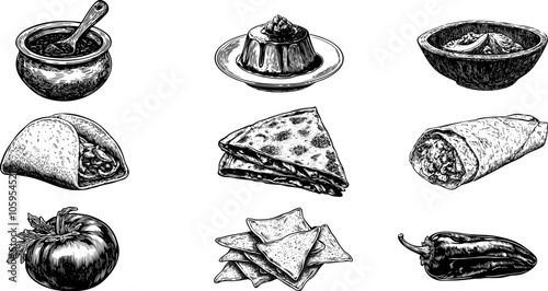 Mexican Food Vector Set of Burrito, Taco, Salsa, Guacamole, Quesadilla, Tortilla, Nachos, Mole Sauce, Flan Cake sketch illustration.