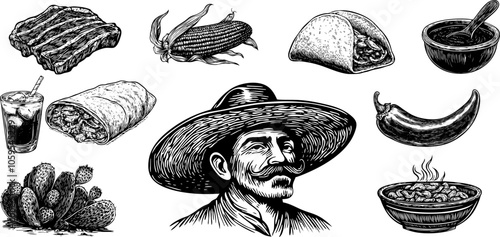 Vector set of Mexican food illustrations featuring taco, horchata, jalapeno, and pozole. Detailed sketches of spicy enchilada, elote, cactus, and salsa.