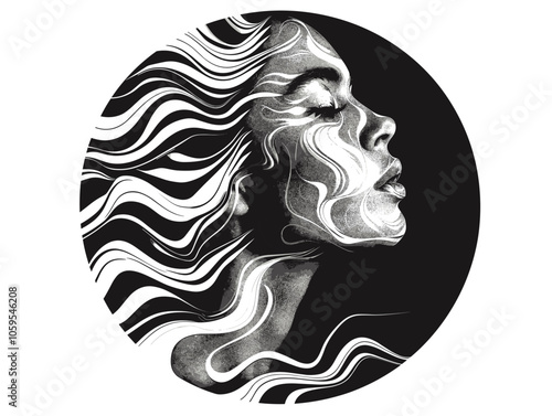 Woman's face with long hair is shown in a black and white photo. The hair is flowing and he is in motion. The woman's face is outlined in white, and the rest of the image is in black and white