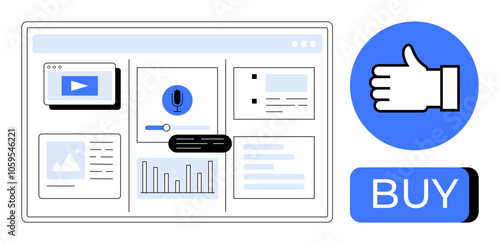 Webpage with various content elements including video, voice command, image, and analytics. Thumbs up icon and large BUY button for engagement. Ideal for e-commerce, digital marketing, online