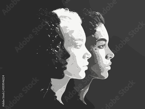 Two people with their faces cut off. The image is black and white. Scene is mysterious and intriguing