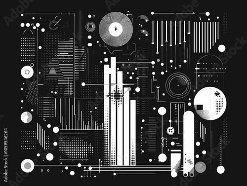 Black and white image of a cityscape with many different shapes and sizes of circles and squares. The image is abstract and has a futuristic feel to it