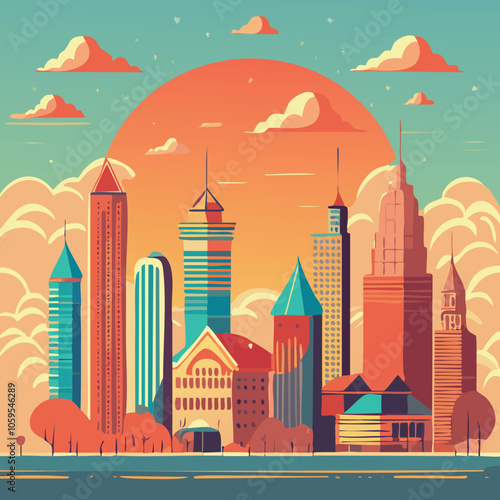 Flat illustration of a modern city on a vintage theme