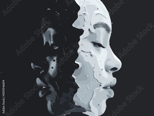 Woman's face is split in half, with one half being black and the other half being white. The image is a representation of duality and the contrast between the two halves