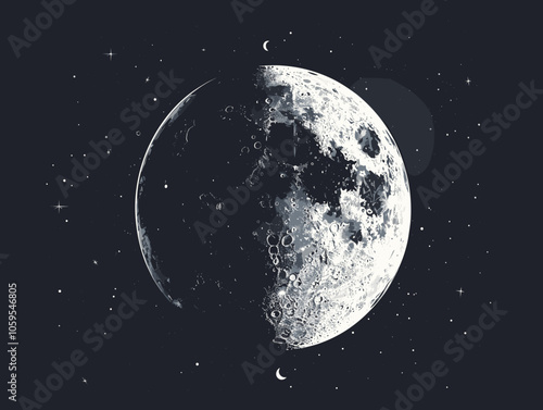 Close up of a moon with a starry background. The moon is split in half, with the right half being darker than the left. The image has a dreamy, ethereal quality to it, with the stars