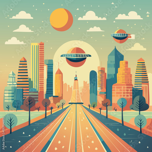 Flat illustration of a modern city on a vintage theme