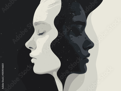 Two women's faces are shown in a black and white painting. The painting is of a woman with a black face and a woman with a white face