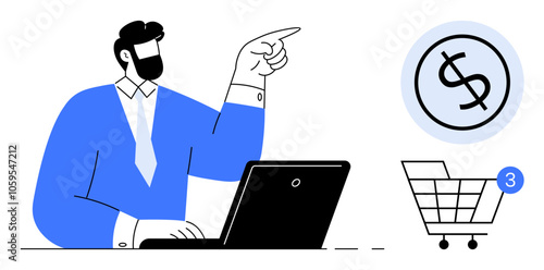 Businessman points at dollar sign next to a shopping cart with three items and a laptop. Ideal for ecommerce, online shopping, business, digital marketing, finance, technology, entrepreneurship. Line