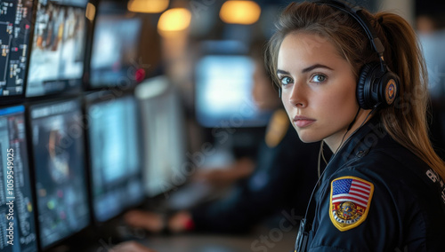 Inside a 911 dispatch center, with operators using advanced technology to coordinate first responders, police, and medical teams.