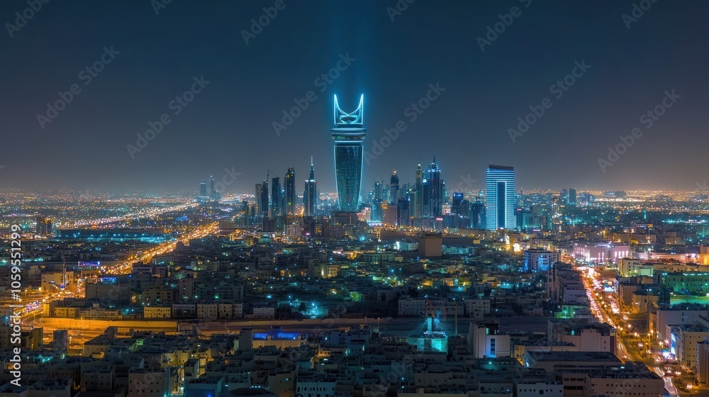 Naklejka premium Nighttime Panorama of Riyadh Cityscape with Illuminated Skyscrapers