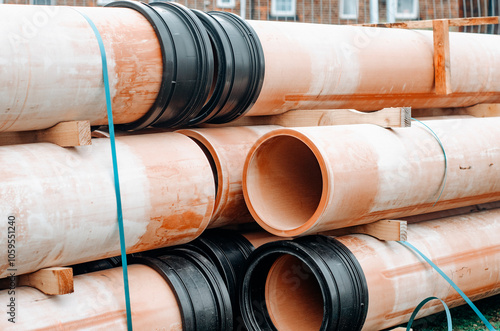 Ceramic cly drainage pipes stacked neatly, showcasing large pipes and fittings at a busy building site in daylight photo