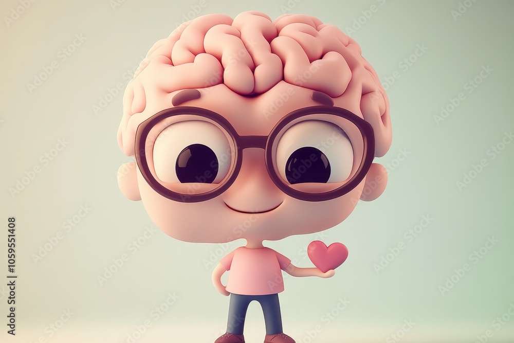 Fototapeta premium Cute Brain Cartoon Holding a Heart Symbol 