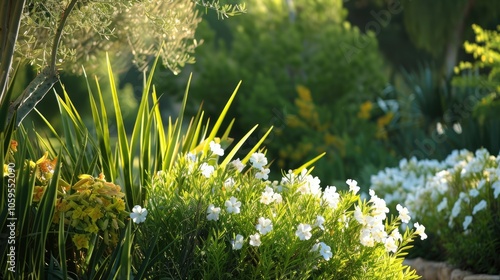 Blooming white Oleander and golden Dolichandra in a natural hedge in Phoenix, Arizona photo