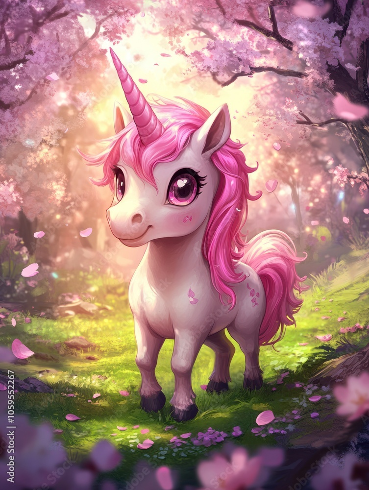 Fototapeta premium Adorable Chibi Unicorn in a Blossom-Filled Forest with Pink Mane and Horn