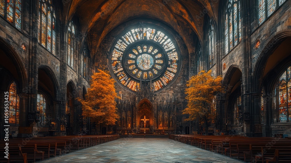 Obraz premium A majestic church interior with a large stained glass window, showcasing the intricate design and architectural beauty. 