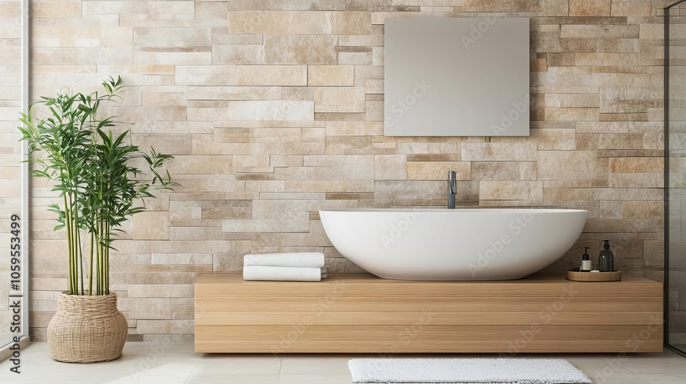 Fototapeta premium Zen-inspired bathroom, bamboo accents, stone