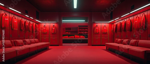 Red locker room with benches, jerseys, and shelves.