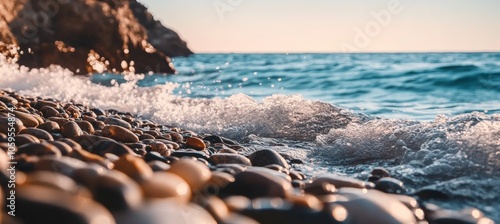 Scenic view of a rocky coastline with pebbles and waves hitting the coast, close-up detail of a serene sea view, perfect for travel or nature backgrounds Generative AI