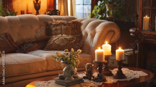 Soft candlelight illuminates this Victorianinspired living room showcasing the intricate details and craftsmanship of the vintage furnishings and decor. photo