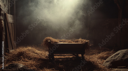 An empty manger filled with straw in a dark, misty stable, symbolizing anticipation and the Nativity scene before the arrival of baby Jesus.
